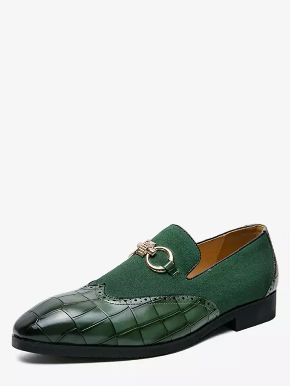 Groom Loafers Mens Horsebit Loafers Stone Pattern Splice Suede Leather Slip-on Pointed Toe Shoes