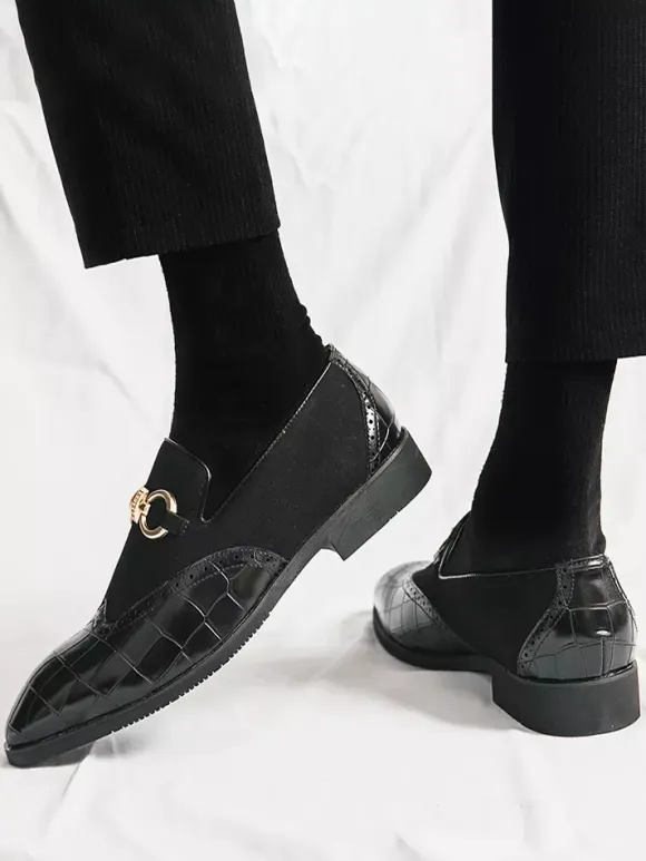 Groom Loafers Mens Horsebit Loafers Stone Pattern Splice Suede Leather Slip-on Pointed Toe Shoes