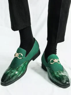 Groom Loafers Mens Horsebit Loafers Stone Pattern Splice Suede Leather Slip-on Pointed Toe Shoes