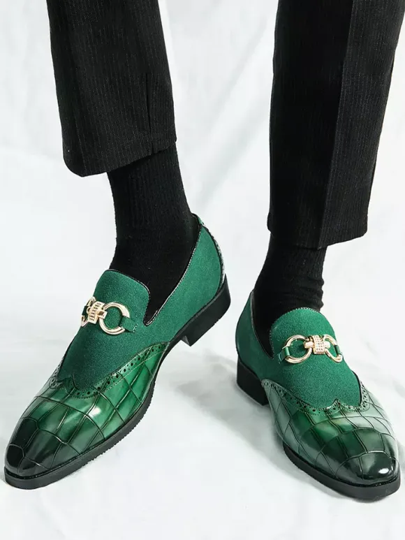 Groom Loafers Mens Horsebit Loafers Stone Pattern Splice Suede Leather Slip-on Pointed Toe Shoes
