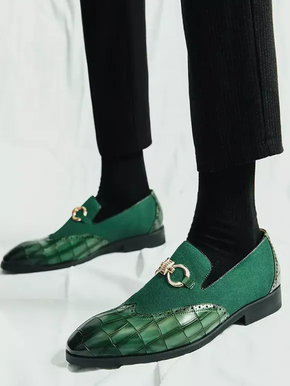 Groom Loafers Mens Horsebit Loafers Stone Pattern Splice Suede Leather Slip-on Pointed Toe Shoes