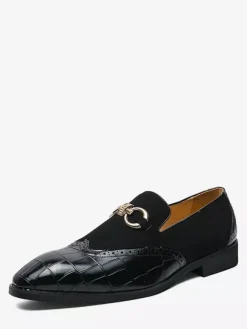Groom Loafers Mens Horsebit Loafers Stone Pattern Splice Suede Leather Slip-on Pointed Toe Shoes