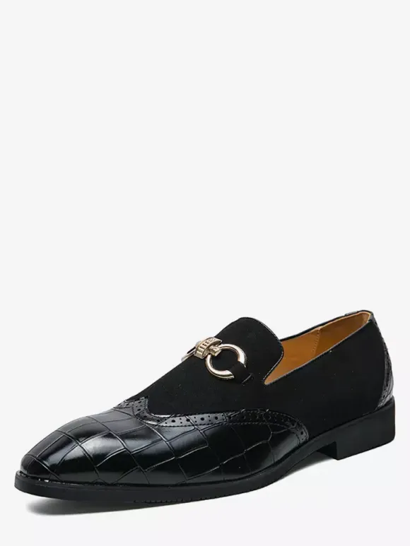 Groom Loafers Mens Horsebit Loafers Stone Pattern Splice Suede Leather Slip-on Pointed Toe Shoes