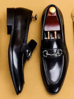 Groom Loafers Mens Horsebit Loafers Genuine Leather Pointed-Toe Slip-On Dress Shoes
