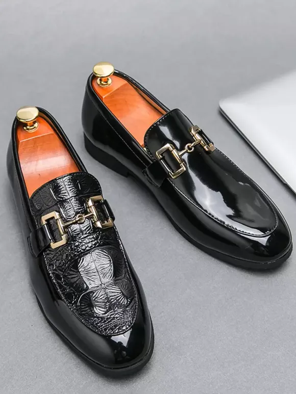 Groom Loafers Mens Horsebit Loafers Slip-on Patent Leather Round Toe Shoes