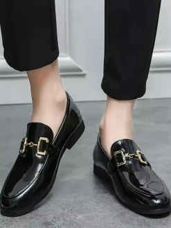 Groom Loafers Mens Horsebit Loafers Slip-on Patent Leather Round Toe Shoes