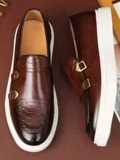 Groom Loafers Mens Monk Strap Buckle Loafers Slip-on Chunky Sole Casual Shoes