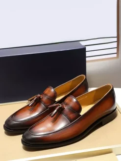 Groom Loafers Mens Tassel Loafers Genuine Leather Handcrafted Slip-On Dress Shoes