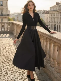 Half Zip Ribbed Knit Patchwork Belted Long Sleeve A-Line Maxi Dress For Women 2026