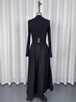 Half Zip Ribbed Knit Patchwork Belted Long Sleeve A-Line Maxi Dress For Women 2026