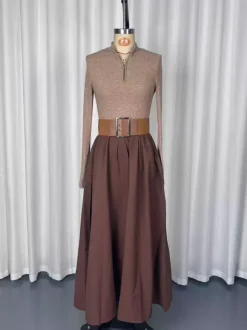 Half Zip Ribbed Knit Patchwork Belted Long Sleeve A-Line Maxi Dress For Women 2026