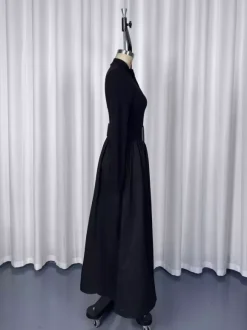 Half Zip Ribbed Knit Patchwork Belted Long Sleeve A-Line Maxi Dress For Women 2026