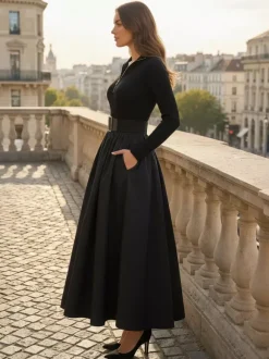 Half Zip Ribbed Knit Patchwork Belted Long Sleeve A-Line Maxi Dress For Women 2026