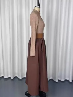 Half Zip Ribbed Knit Patchwork Belted Long Sleeve A-Line Maxi Dress For Women 2026