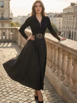 Half Zip Ribbed Knit Patchwork Belted Long Sleeve A-Line Maxi Dress For Women 2026
