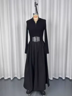Half Zip Ribbed Knit Patchwork Belted Long Sleeve A-Line Maxi Dress For Women 2026
