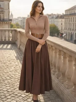 Half Zip Ribbed Knit Patchwork Belted Long Sleeve A-Line Maxi Dress For Women 2026