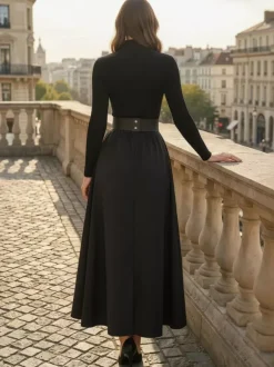 Half Zip Ribbed Knit Patchwork Belted Long Sleeve A-Line Maxi Dress For Women 2026