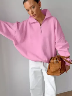 Half Zip Stand Collar Oversized Sweatshirt Drop Shoulder Loose Long Sleeve Pullover