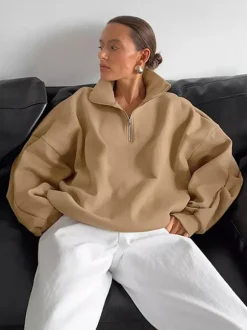 Half Zip Stand Collar Oversized Sweatshirt Drop Shoulder Loose Long Sleeve Pullover
