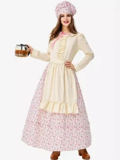 Halloween Halloween Costumes Pink Women's Elegant Apron Hat Polyester Floral Print Set Holidays Costumes