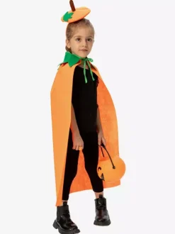 Halloween Kids Pumpkin Cape Orange Plush Cloak With Leaf Hood Cute Trick-or-Treat Costume