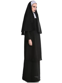 Halloween Nun Costume For Women Black Hooded Long Dress Headwear Holiday Costume Full Set