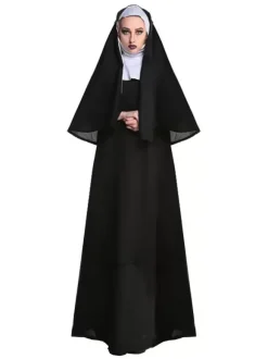 Halloween Nun Costume For Women Black Hooded Long Dress Headwear Holiday Costume Full Set