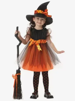 Halloween Witch Costume Kids Halloween Orange Tulle Dresses And Hat For Little Girls