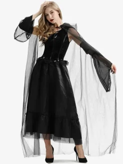 Halloween Witch Costumes For Women Black Long Tulle Dress Cloak Polyester Holidays Costumes Full Set