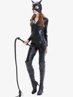 Halloween Black Women Sexy Mask Jumpsuit PU Leather Set Holidays Costumes