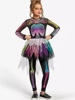 Halloween Girls' Skeleton Costume Bone Print Jumpsuit Cute Spooky Outfit