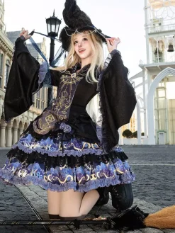Halloween Gothic Lolita Dresses Applique Ruffles Floral Print Black Black