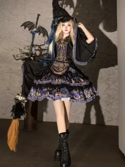 Halloween Gothic Lolita Dresses Applique Ruffles Floral Print Black Black
