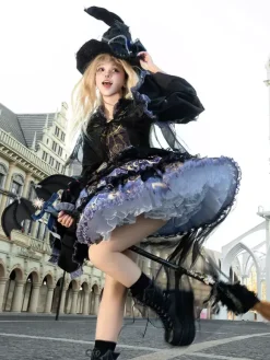 Halloween Gothic Lolita Dresses Applique Ruffles Floral Print Black Black