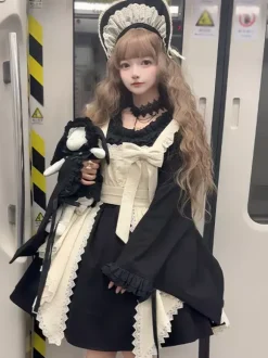 Halloween Gothic Lolita Dresses Lace Bows Color Block Black Dresses