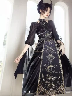 Halloween Gothic Lolita Outfits Black Gold Patchwork Short Sleeveless Dress