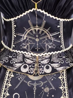Halloween Gothic Lolita Outfits Black Gold Patchwork Short Sleeveless Dress