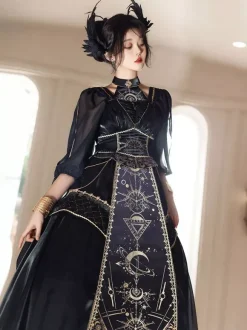 Halloween Gothic Lolita Outfits Black Gold Patchwork Short Sleeveless Dress