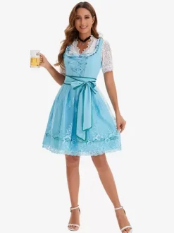 Halloween Halloween Costumes Light Sky Blue Adult's Floral Print Retro Dress Sash Polyester Holiday Holidays Costumes