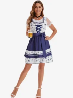 Halloween Halloween Costumes Light Sky Blue Adult's Floral Print Retro Dress Sash Polyester Holiday Holidays Costumes