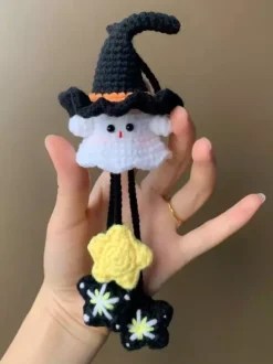 Halloween Hand-Knit Ghost Plushie Keychain DIY Knitted Backpack Charm And Car Decor