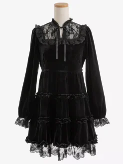 Halloween Lolita Dress Lace Neckline Long Sleeves Velvet Ruffles Gothic Dress
