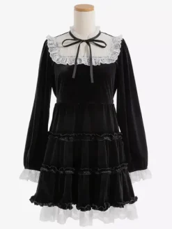 Halloween Lolita Dress Lace Neckline Long Sleeves Velvet Ruffles Gothic Dress