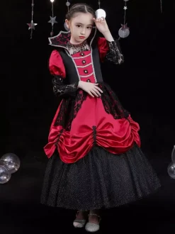 Halloween Polyester Fiber Tea Party 3/4 Length Sleeves Polyester Jumpsuit Gothic Red Kids' Lolita Dresses