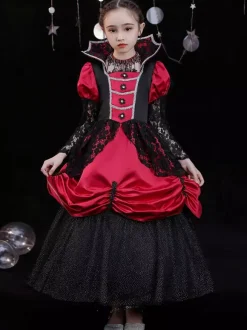 Halloween Polyester Fiber Tea Party 3/4 Length Sleeves Polyester Jumpsuit Gothic Red Kids' Lolita Dresses
