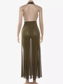 Halter Deep V Neck Maxi Dress For Women - Olive Green Glitter High Slit Backless Sheer Gown - Summer Night Out Club Party 2026
