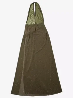 Halter Deep V Neck Maxi Dress For Women - Olive Green Glitter High Slit Backless Sheer Gown - Summer Night Out Club Party 2026