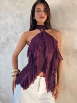 Halter Gold Buckle Ruffle Sheer Mesh Tie Back Cami Top