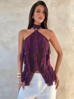 Halter Gold Buckle Ruffle Sheer Mesh Tie Back Cami Top